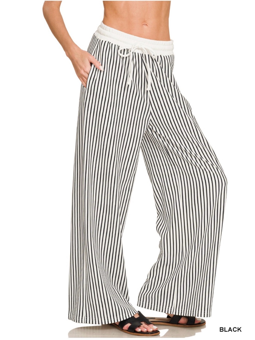 Women's Black & White Striped Wide-Leg Drawstring Pants